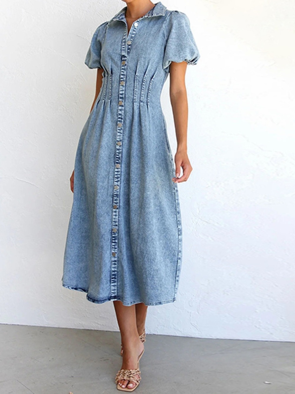 🩵 Puff Sleeve Button Front Denim Midi Dress Light Blue - Picture 2 of 9